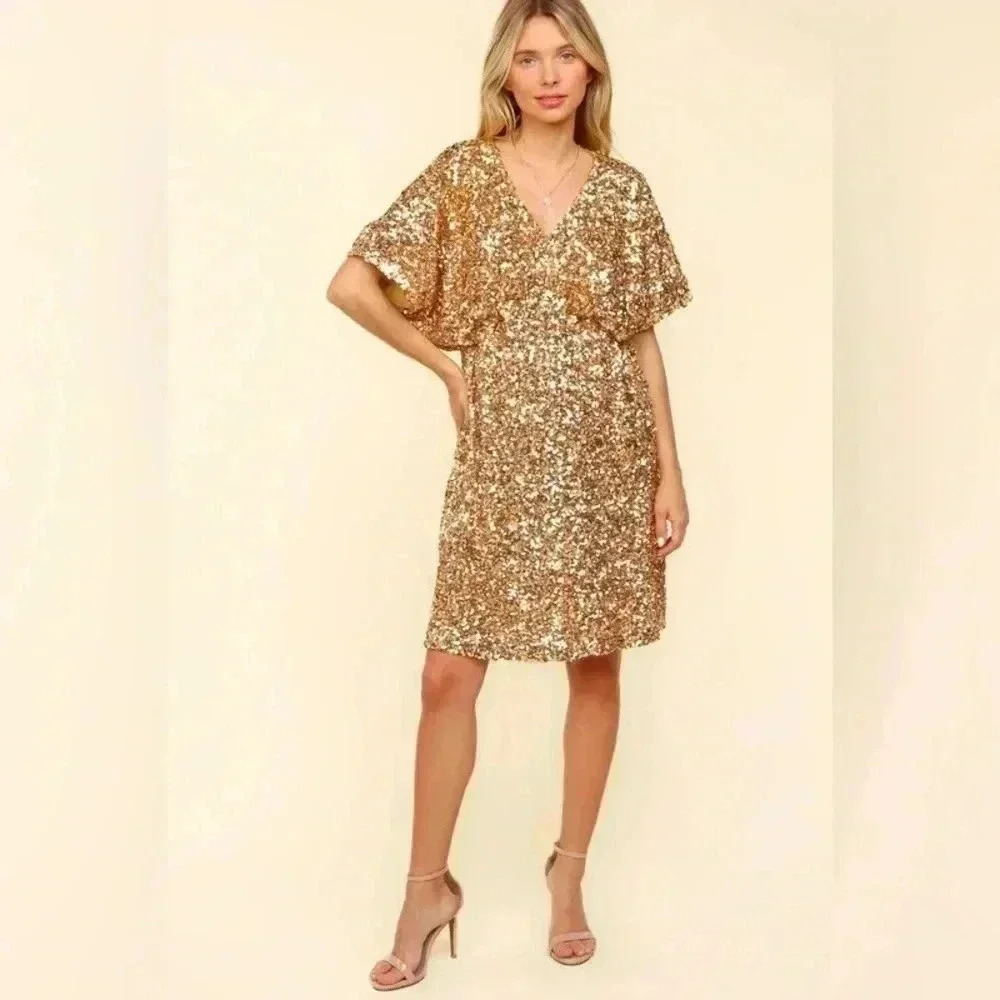 New Year Diva Dolman Gold Sequined Lined Babydoll Dress